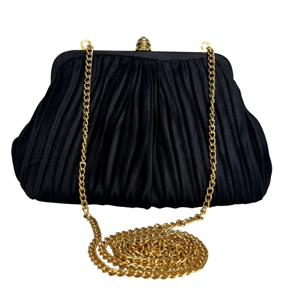 Vintage 1990s Sasha New York Black Pleated Satin Convertible Evening Clutch Bag